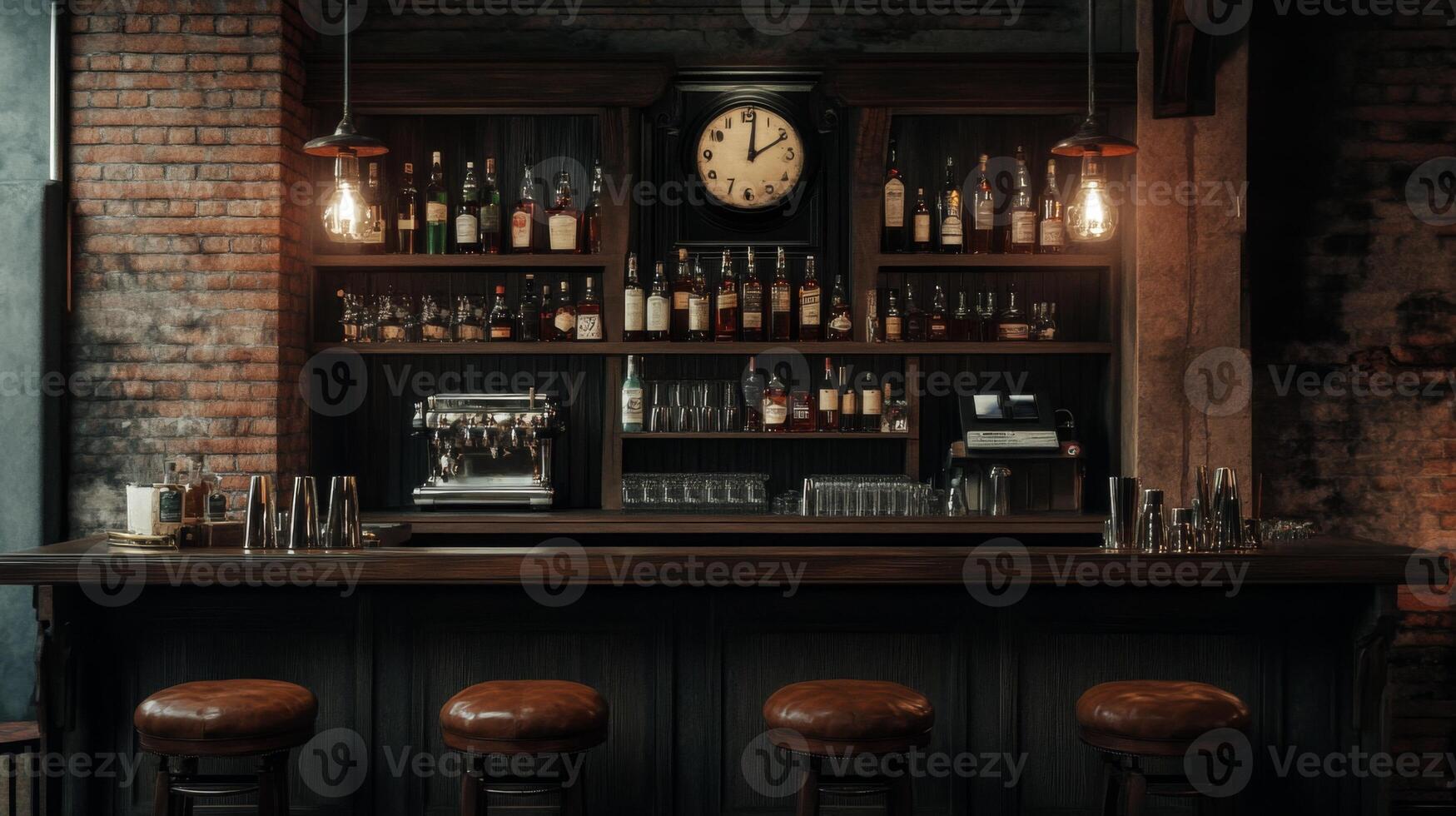 A Classic Wooden Bar Counter With Stools and a Clock photo