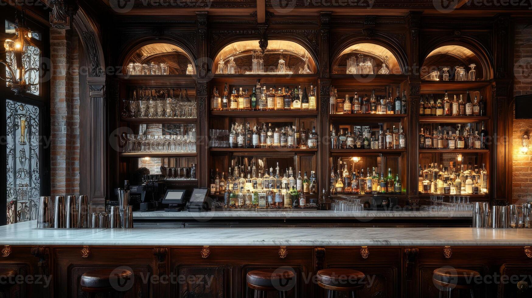 A Luxurious Bar Interior with a Marble Countertop and Ornate Woodwork photo