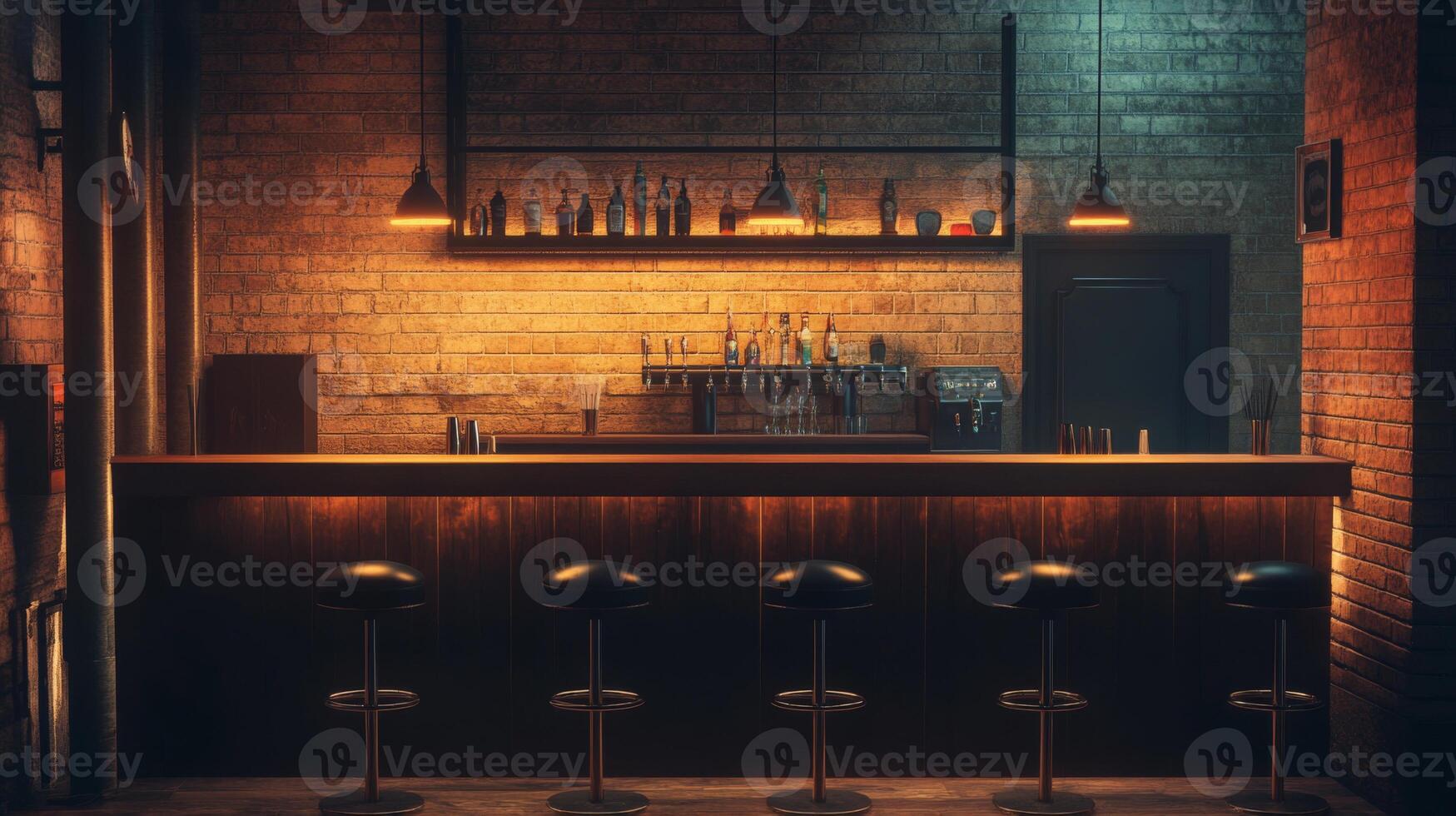 Empty Bar Counter with Hanging Lights and Brick Walls photo