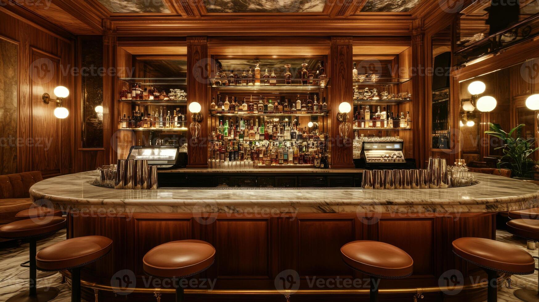 Luxurious Bar Interior with Marble Countertop and Leather Stools photo