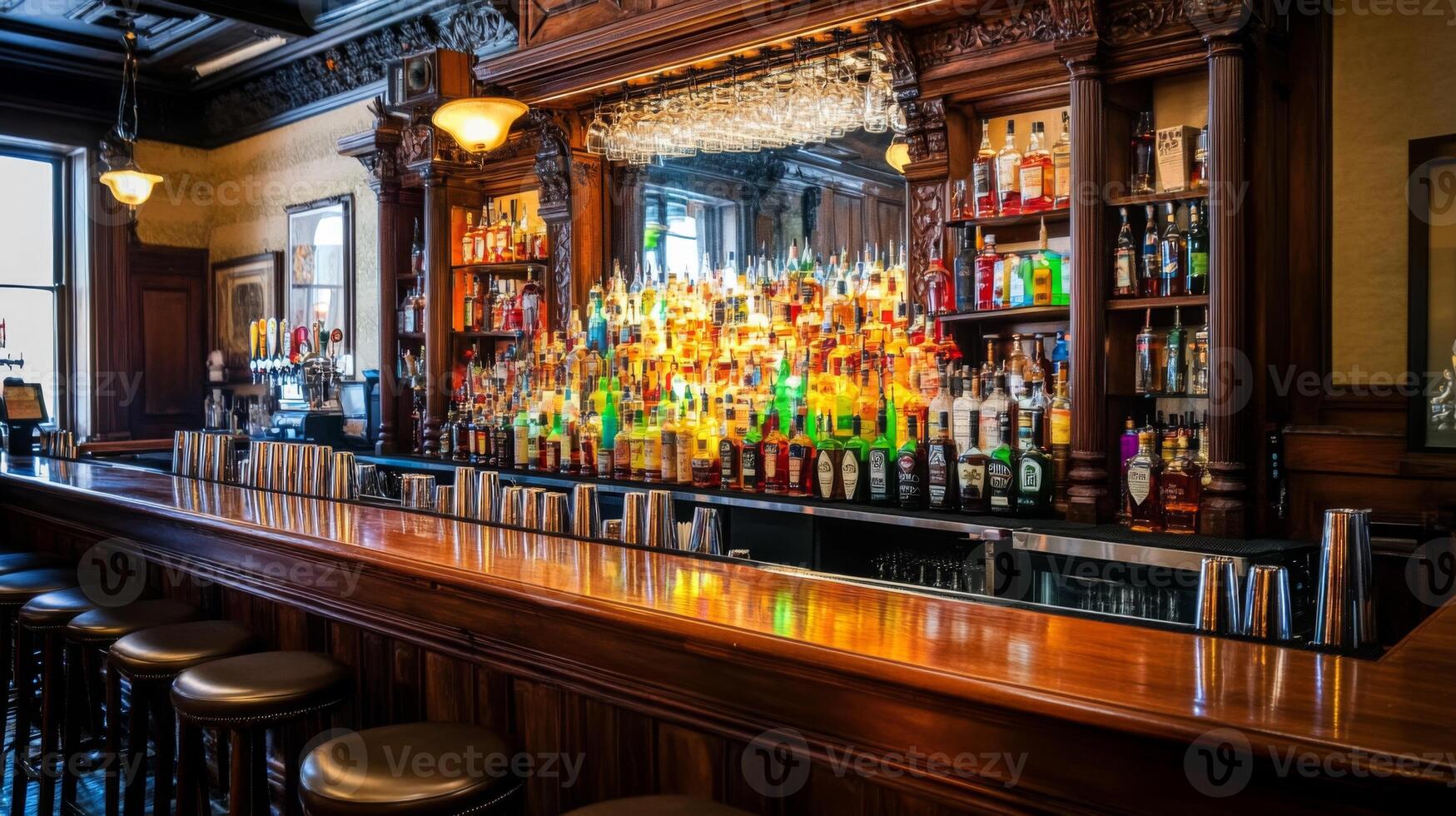 A Well-Stocked Bar with Wooden Accents and Leather Bar Stools photo