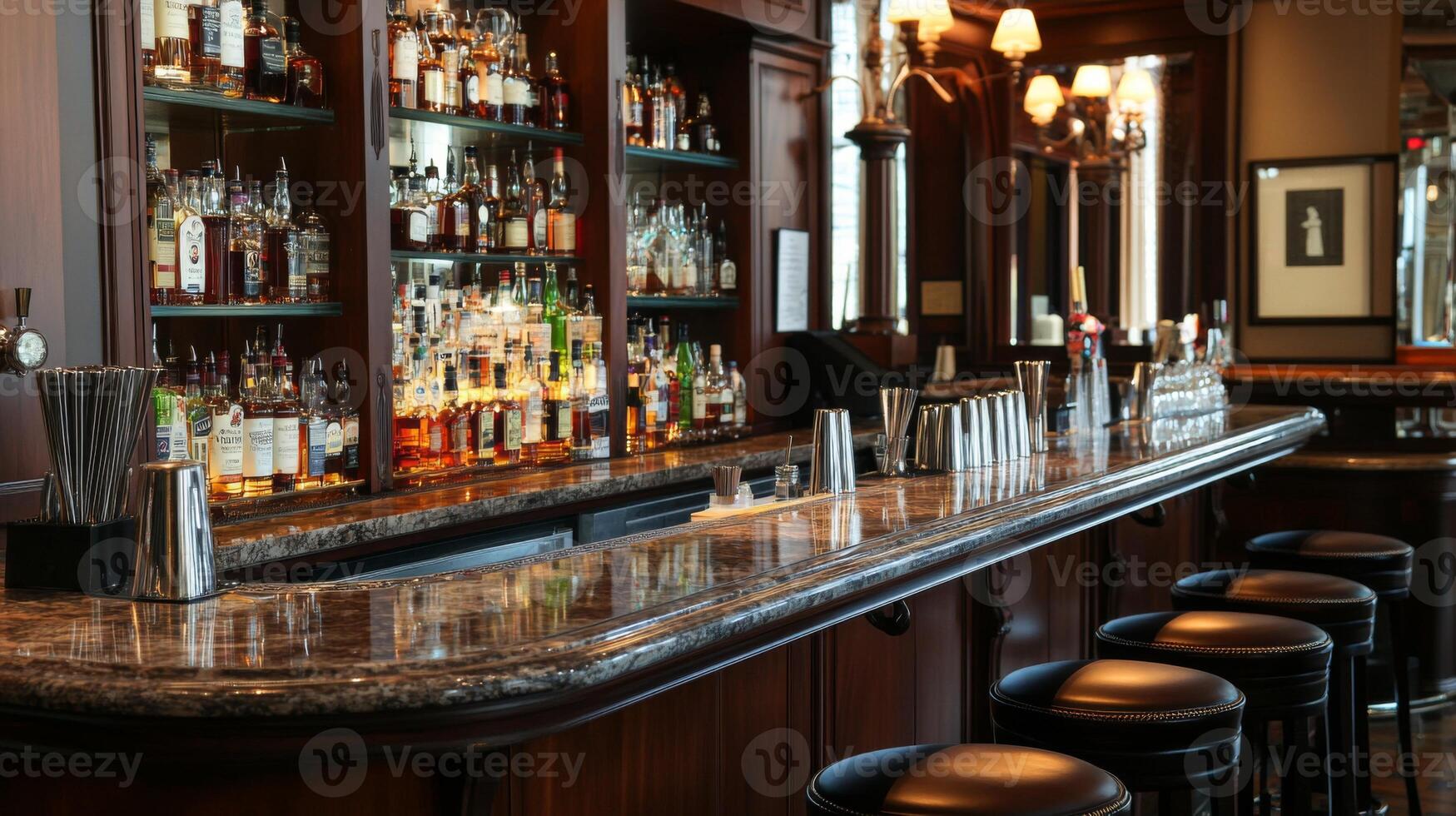 A Polished Bar Counter With Liquor Bottles and Stools photo