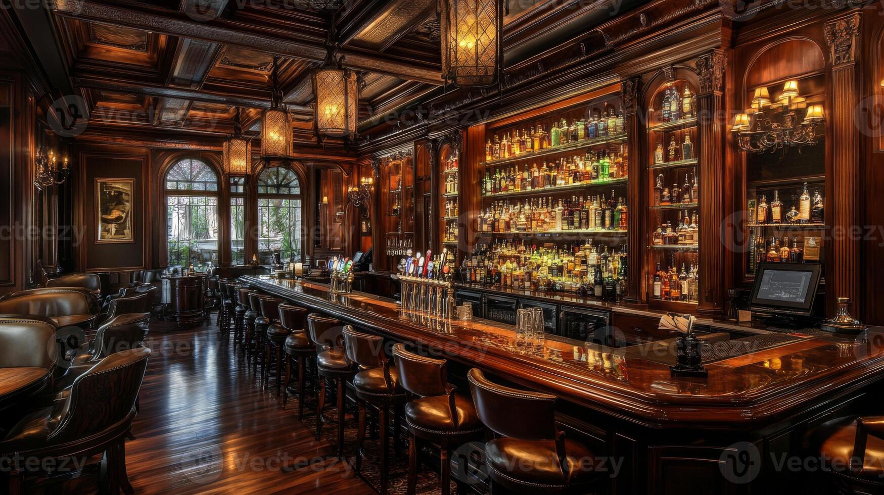 An Elegant Bar with a Polished Wooden Countertop and Leather Stools photo