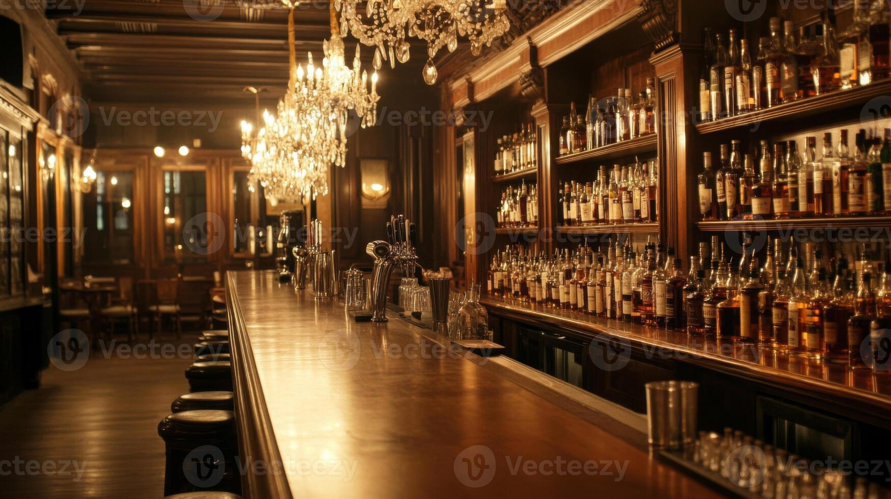A Polished Wooden Bar Counter in a Dimly Lit Pub photo