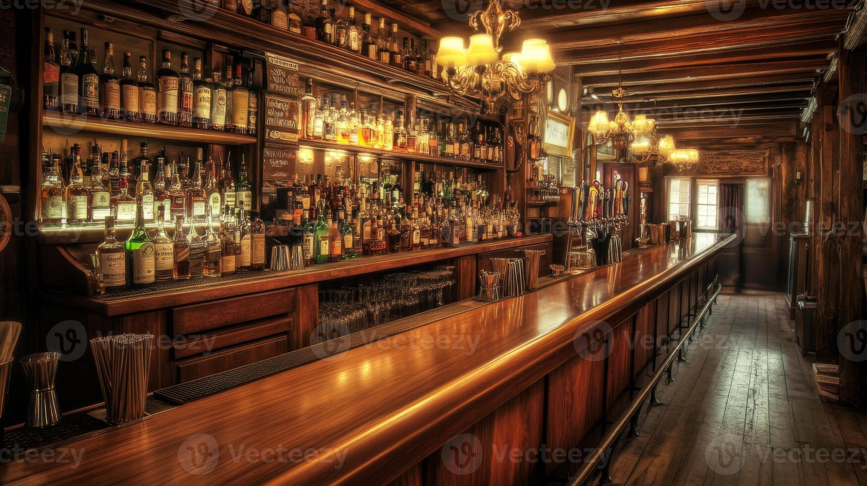 A Rustic Bar Interior with Wooden Details and a Long Countertop photo