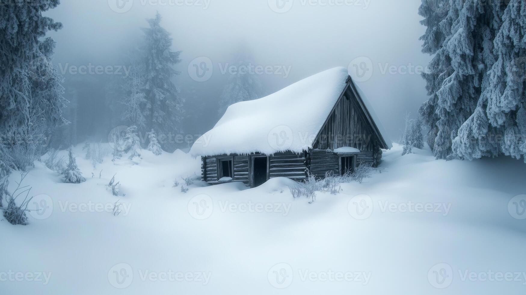 A Snow-Covered Cabin in a Foggy Winter Forest photo