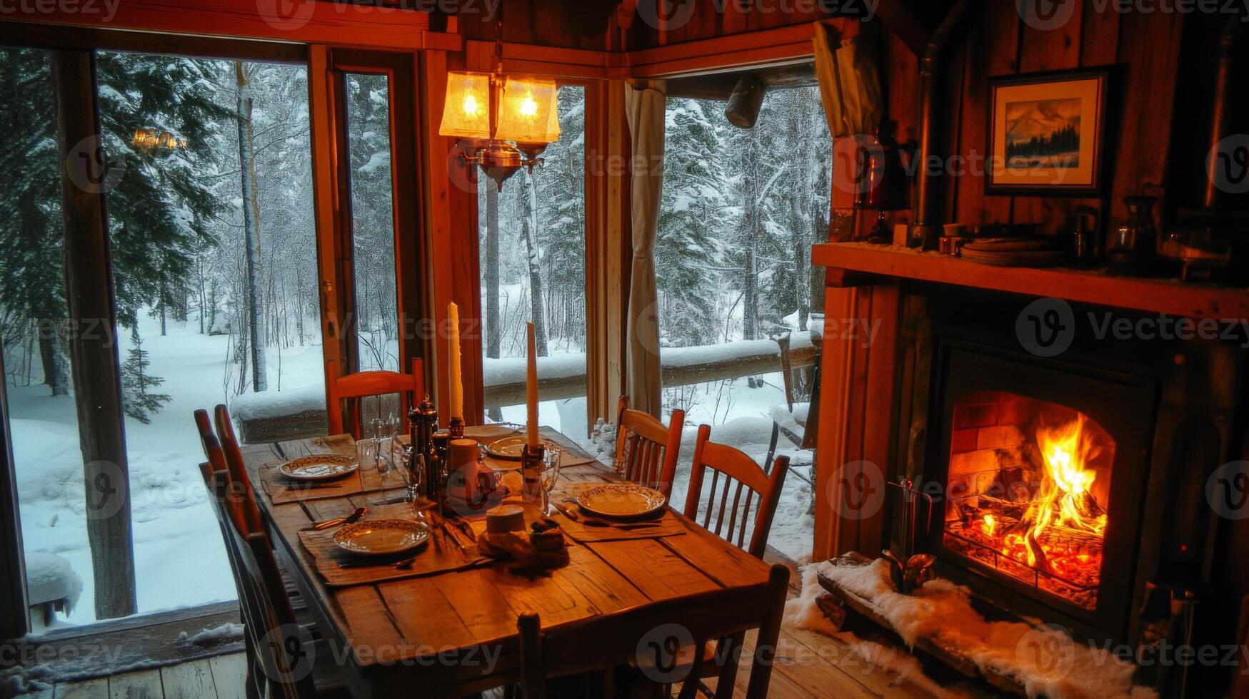 A Cozy Cabin Interior with a Winter View, a Fire, and a Set Table photo
