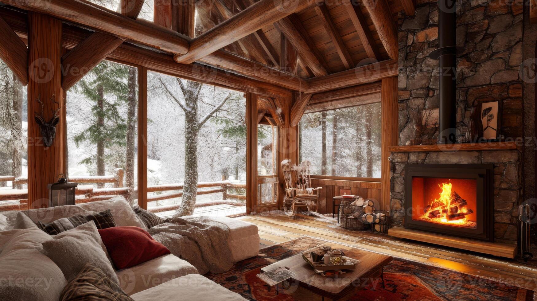 Cozy Cabin Interior with a View of a Snowy Forest photo