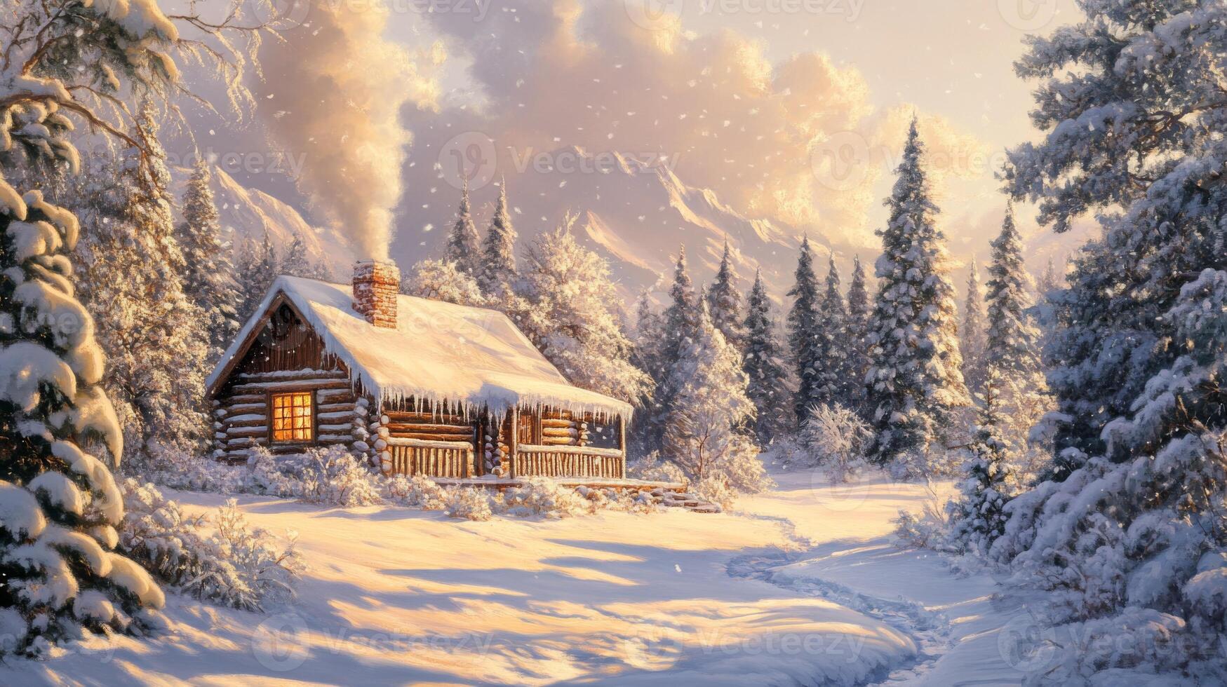 A Cozy Log Cabin in a Snowy Mountain Forest photo