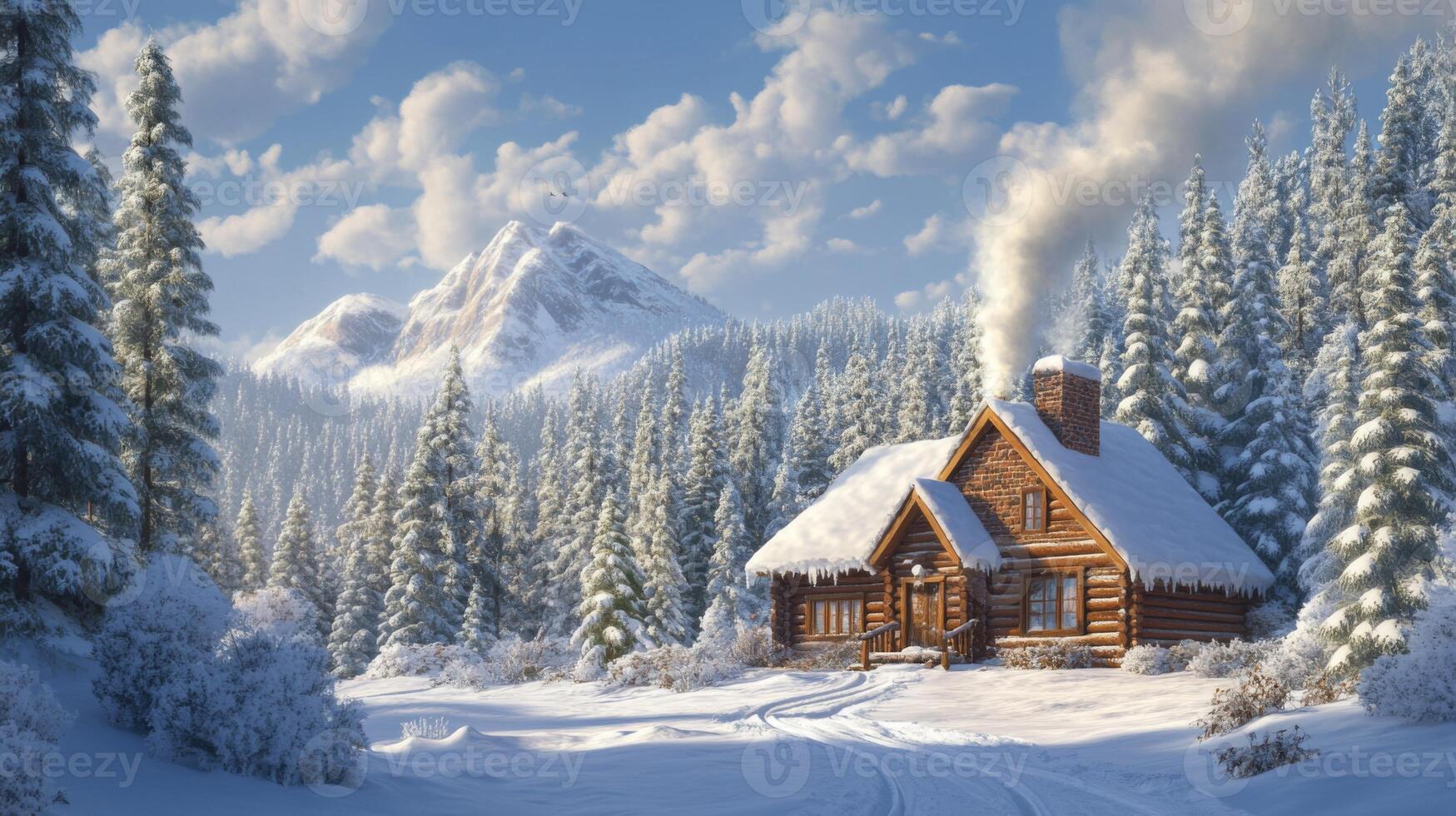 A Cozy Cabin in a Snowy Mountain Forest photo