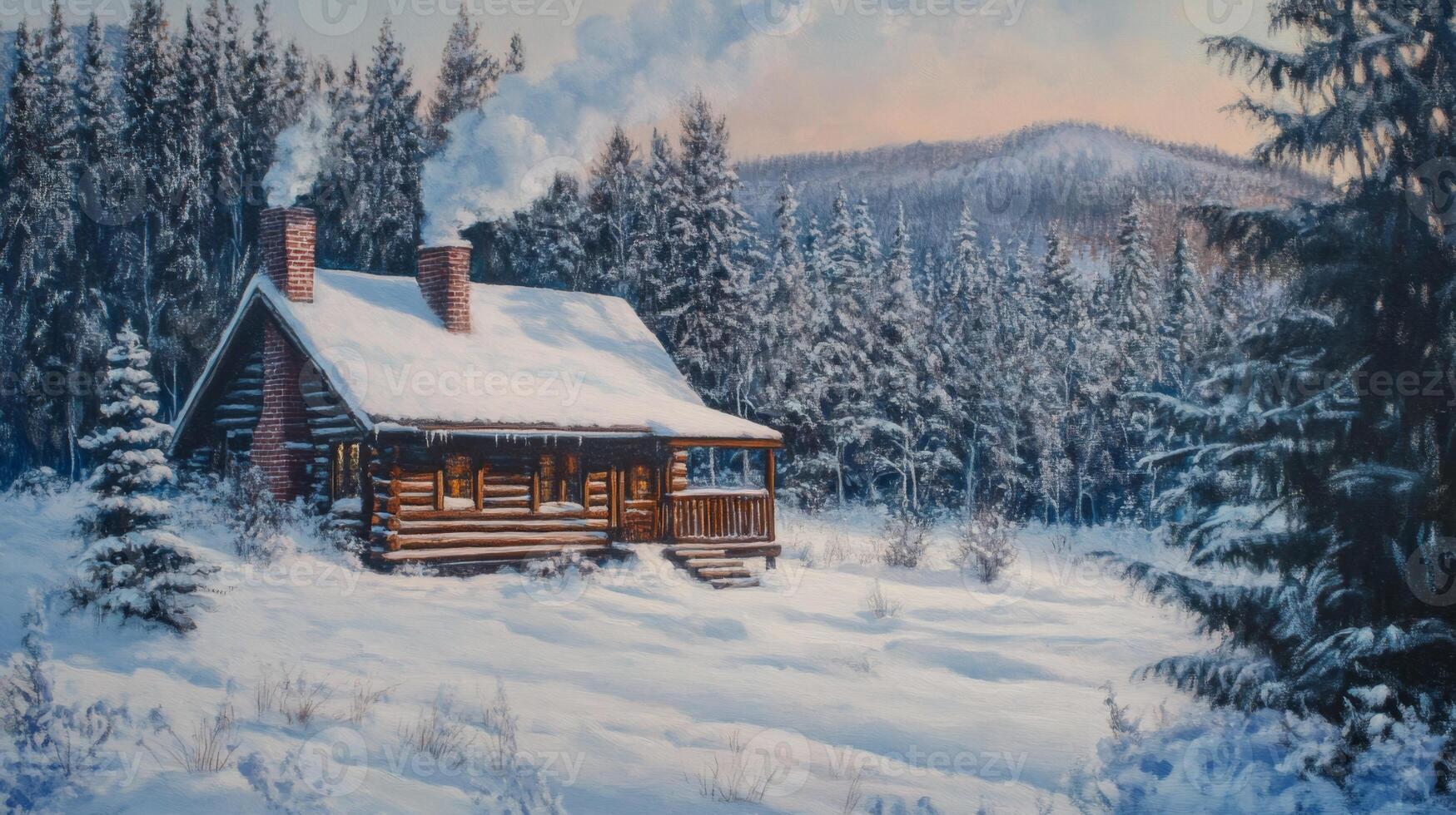 A Cozy Log Cabin Nestled in a Snowy Winter Forest photo