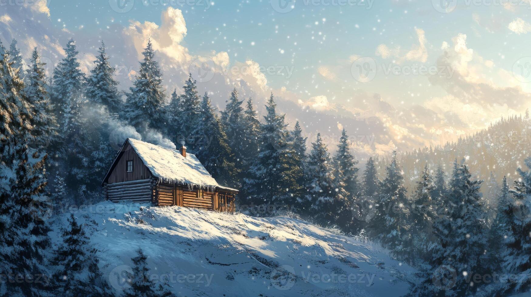 A Cozy Log Cabin Nestled in a Snowy Mountain Forest photo