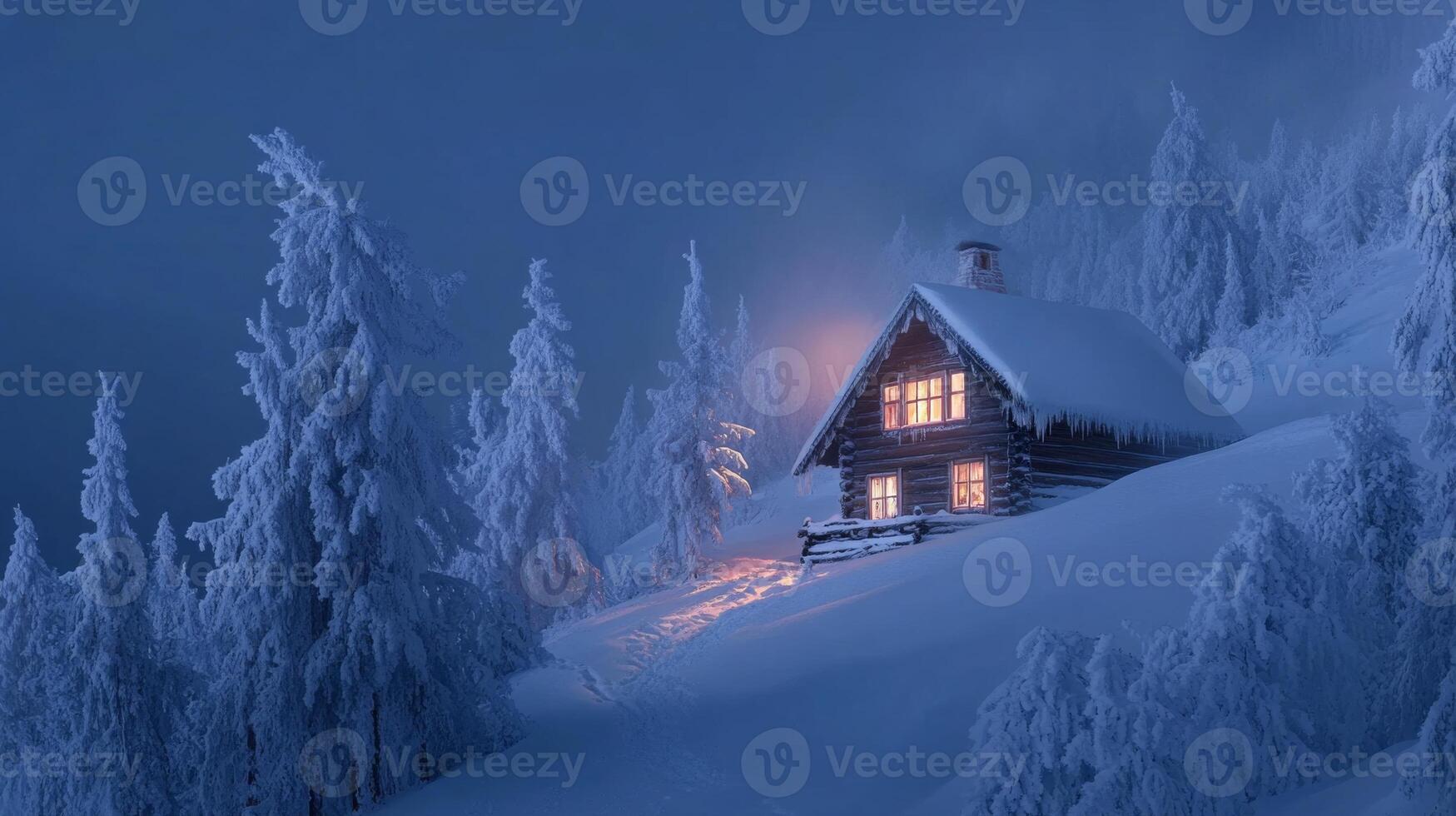 A Cozy Cabin Nestled in a Snowy Forest Under a Twilight Sky photo