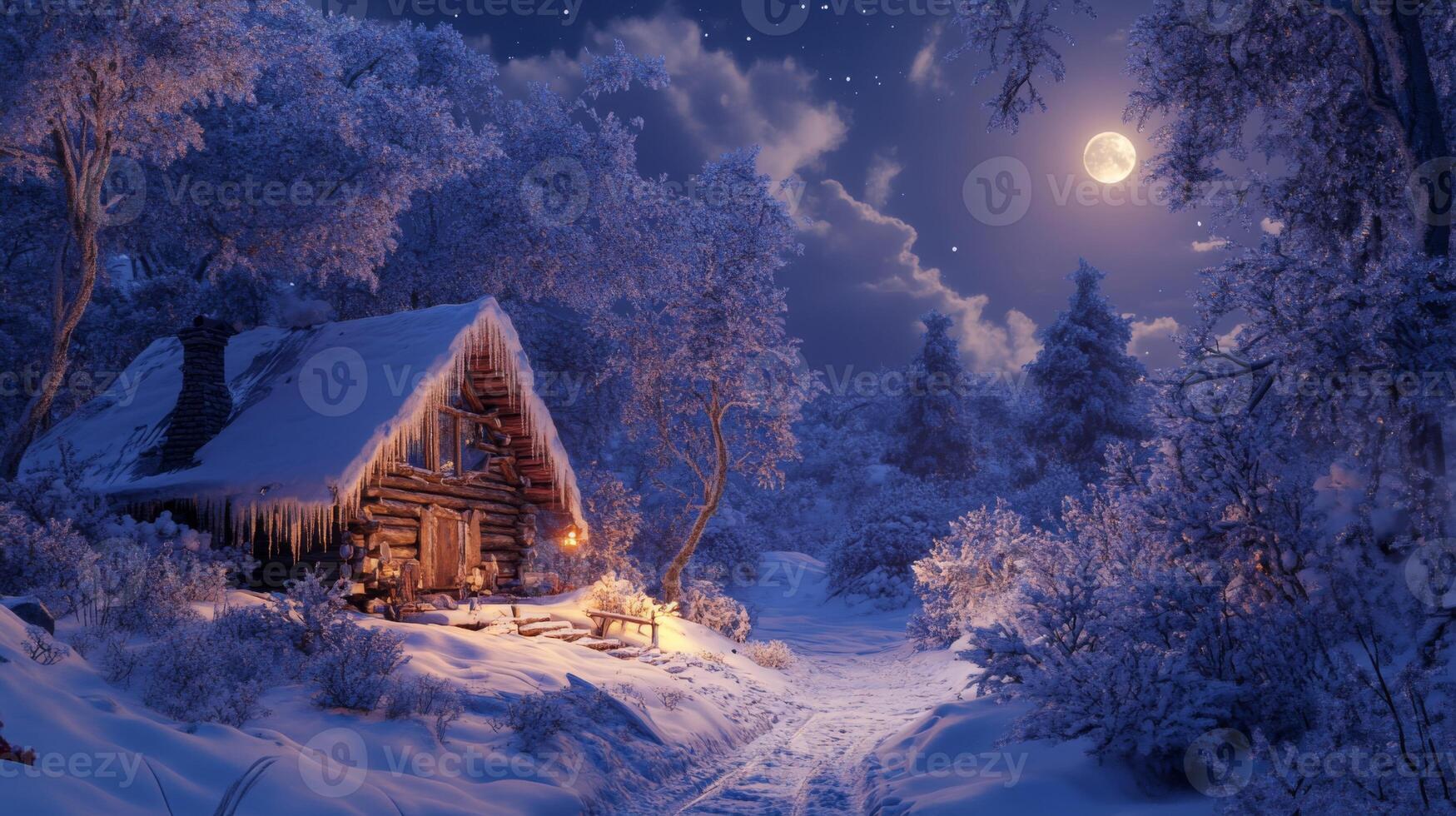 Snowy Cabin in a Winter Forest Under a Full Moon photo