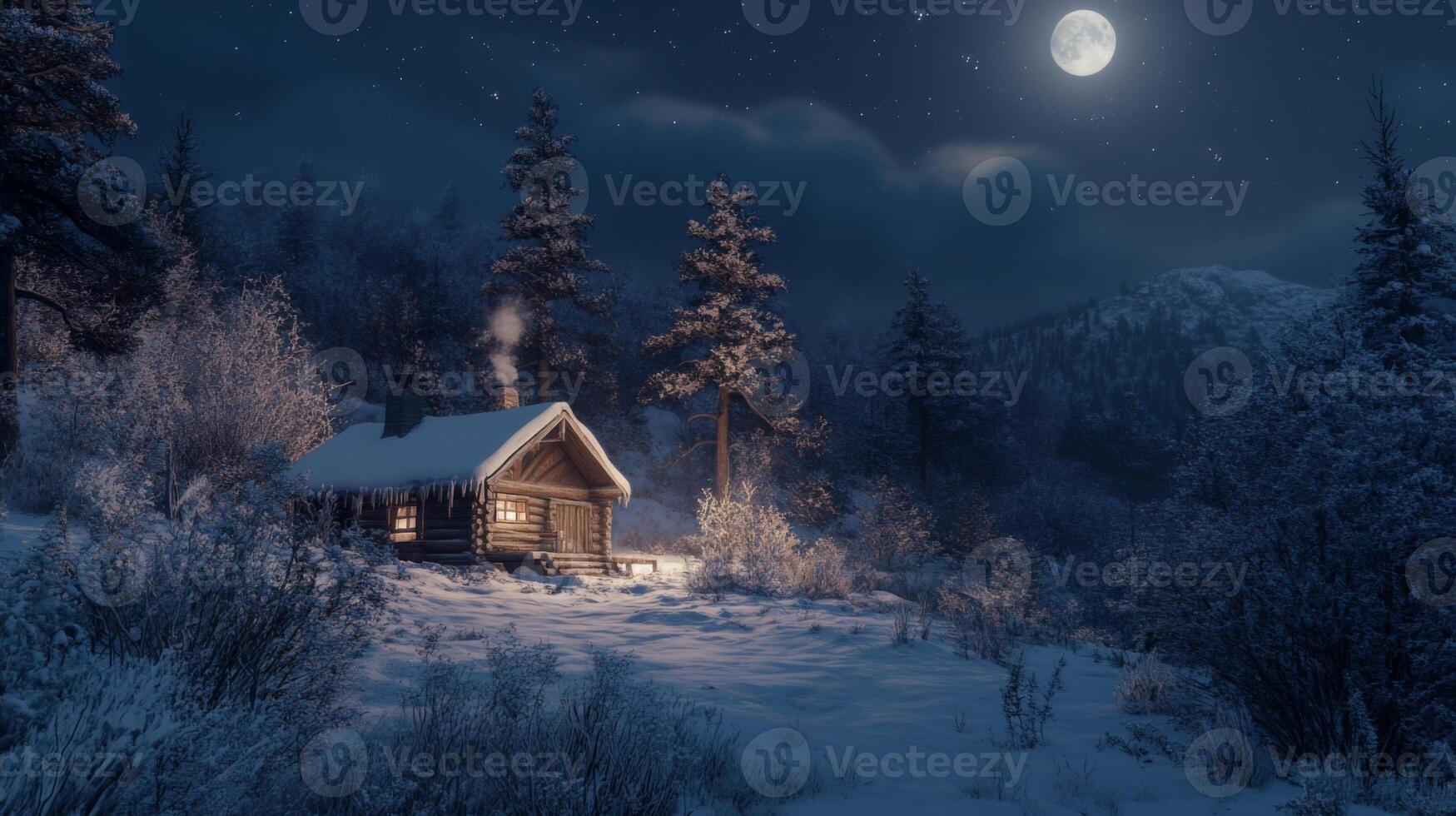 A Cozy Log Cabin Nestled in a Snowy Winter Forest Under a Full Moon photo