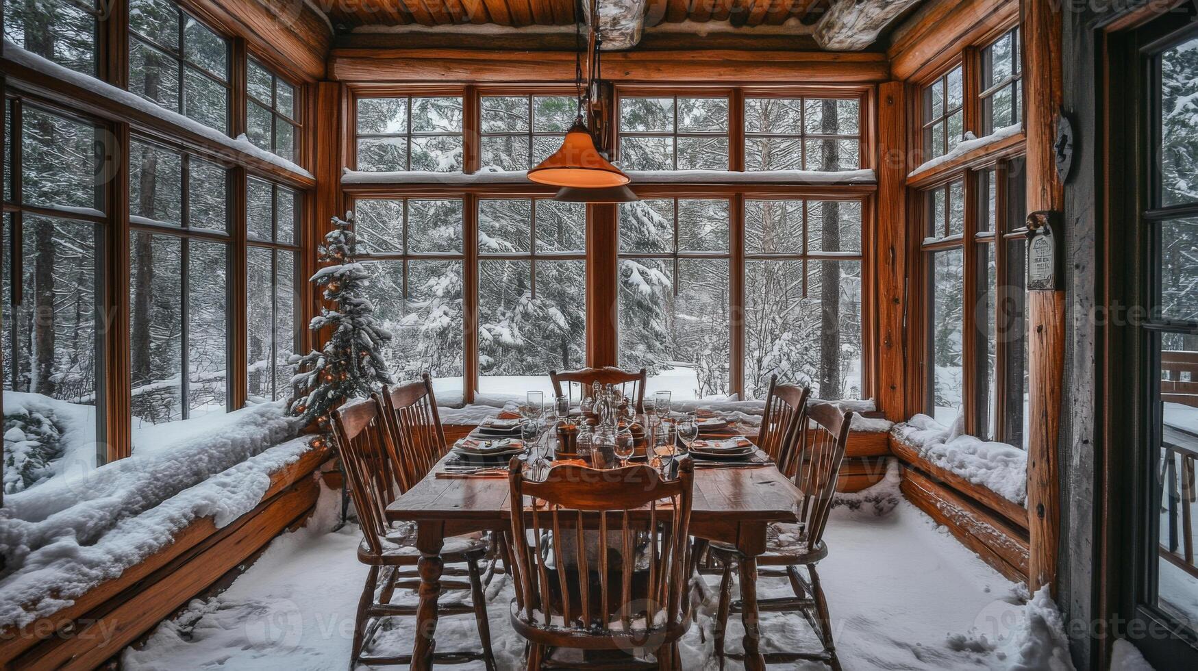 Snowy Winter Cabin Dining Room with a View of the Forest photo