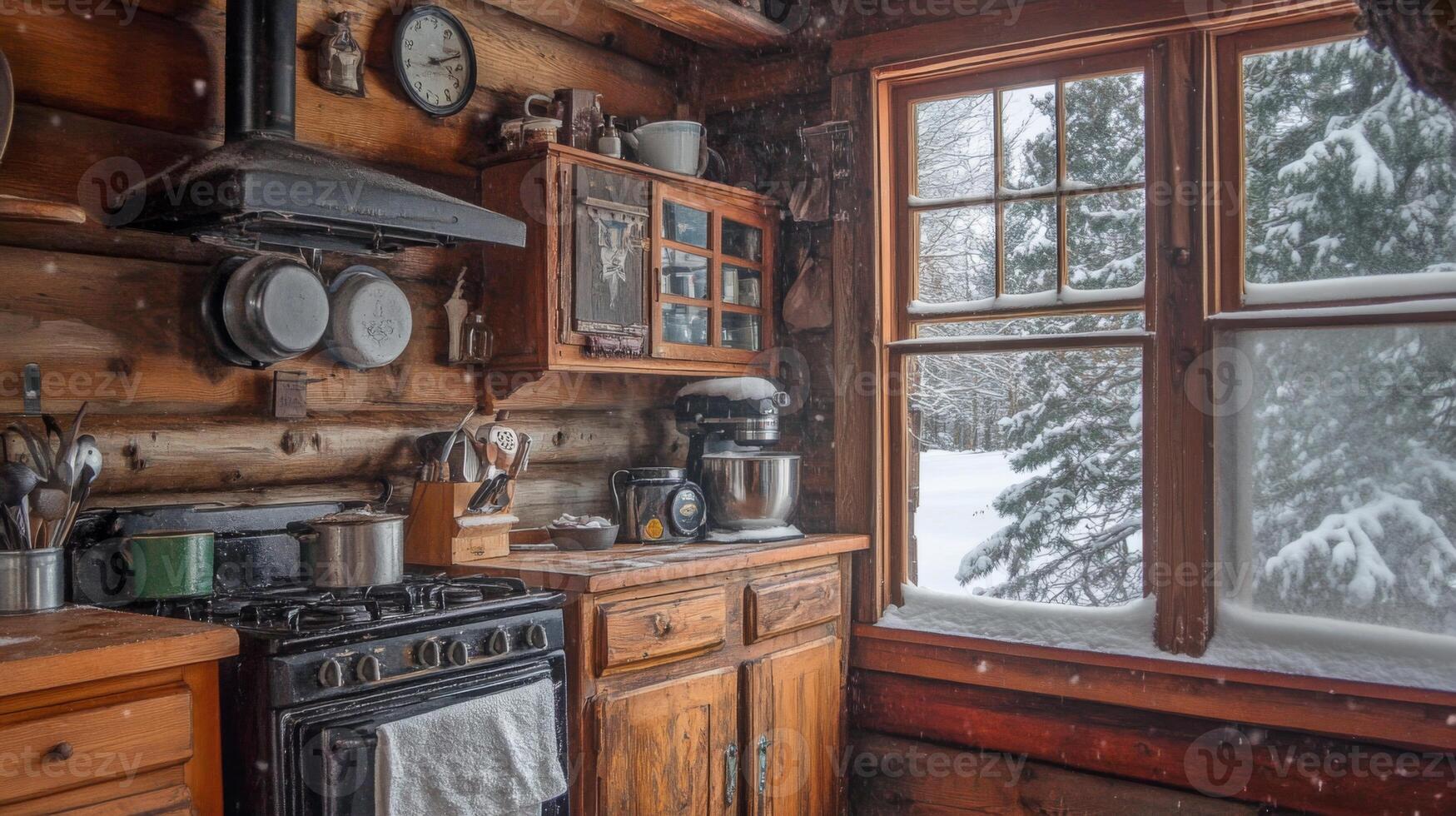 Rustic Kitchen with Snow-Covered Window View photo