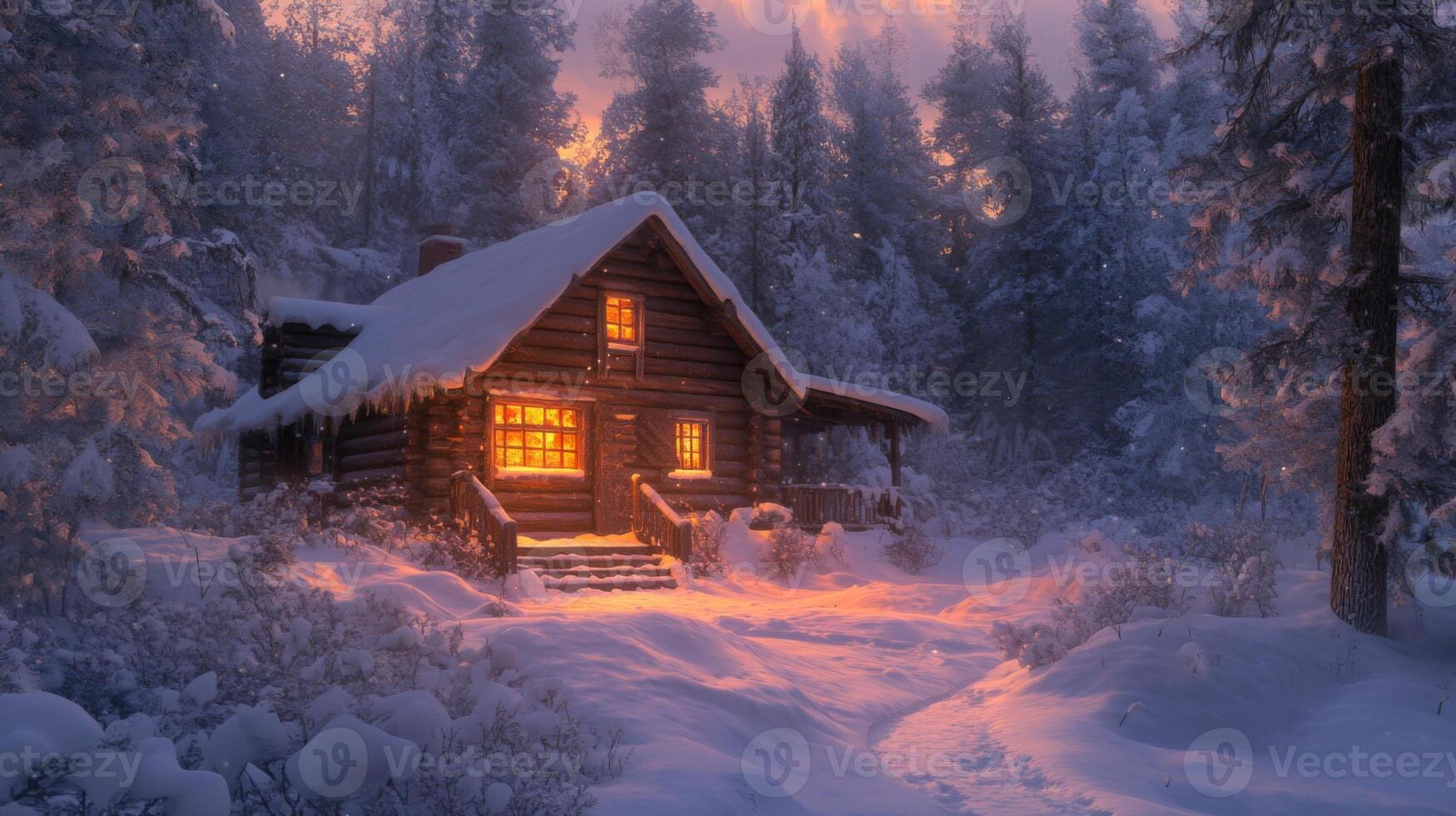 A Cozy Cabin Nestled in a Snowy Forest at Sunset photo