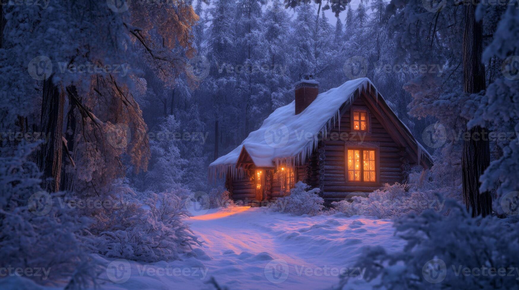 A Cozy Cabin Nestled in a Snow-Covered Forest photo