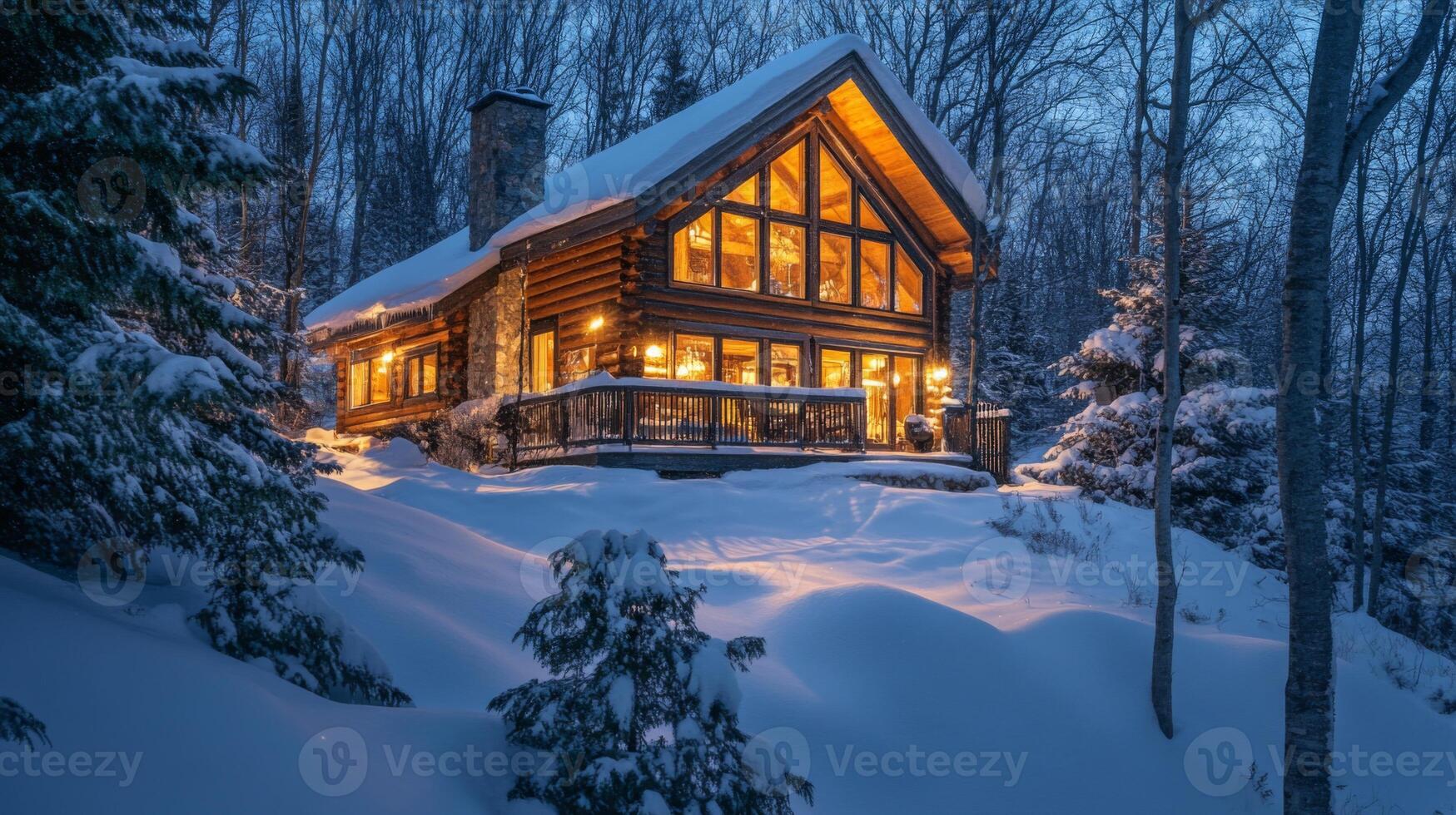 Illuminated Log Cabin in a Snowy Winter Forest photo