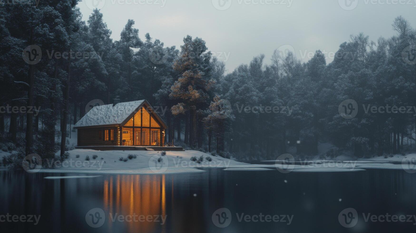 A Cozy Cabin Nestled in a Snowy Forest by a Frozen Lake at Dusk photo