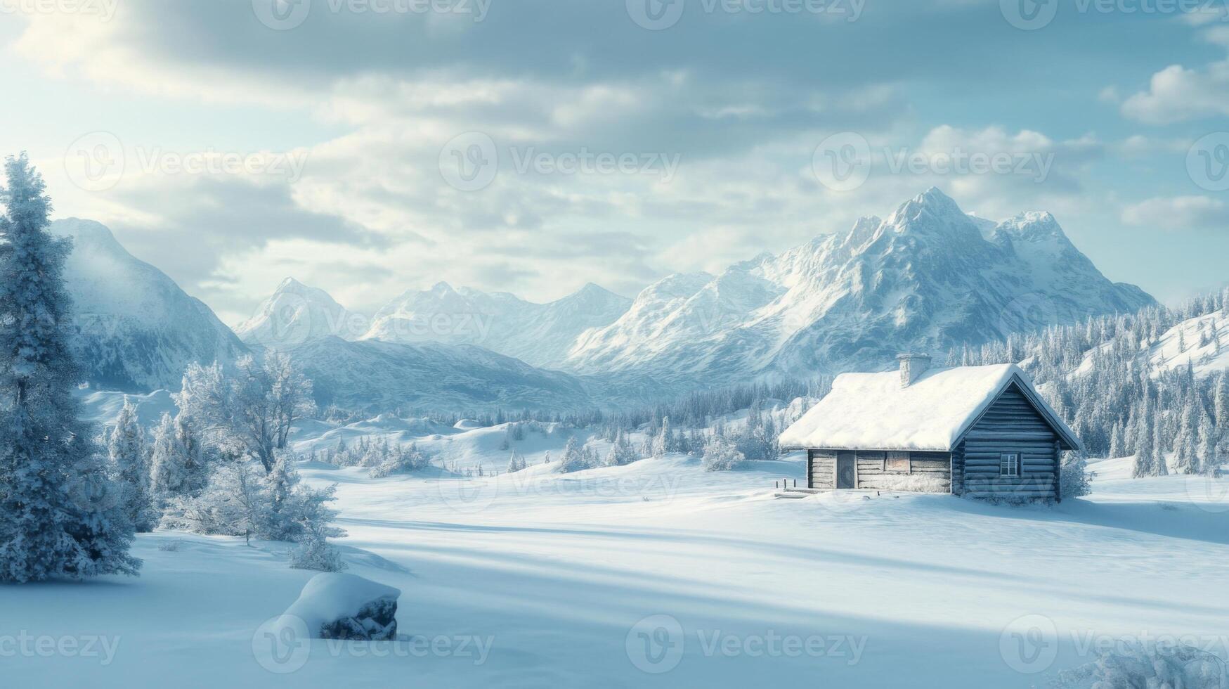 A Rustic Cabin Nestled in a Snowy Mountain Valley photo