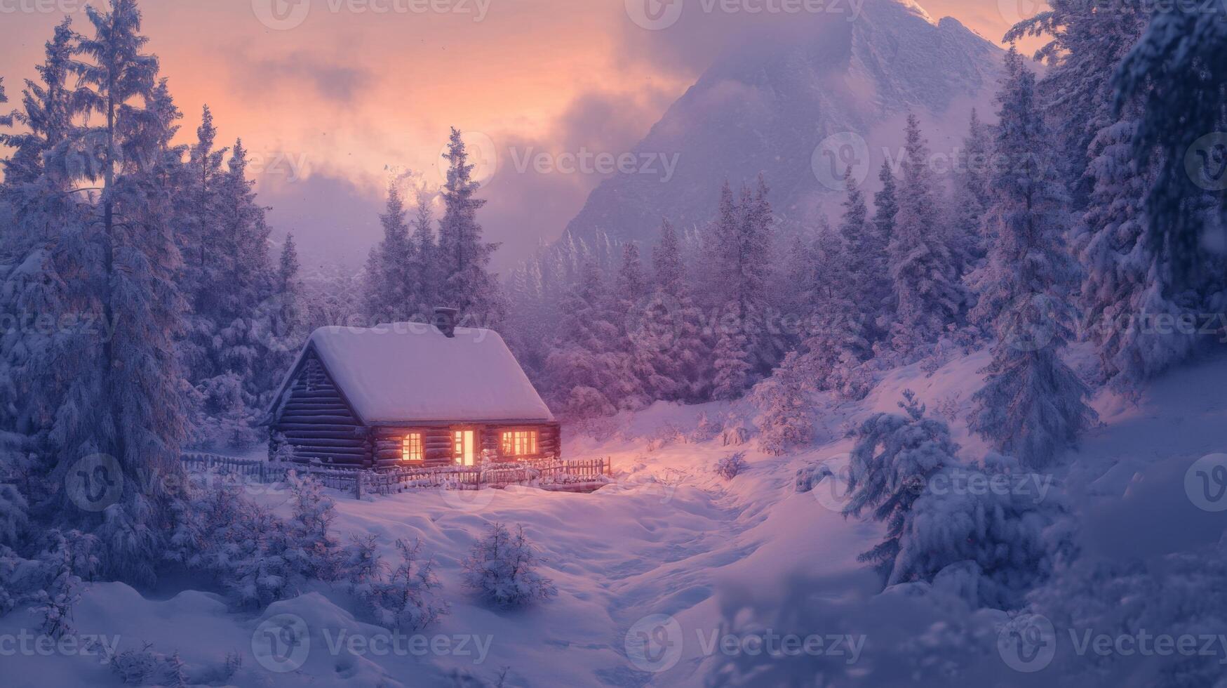 A Cozy Cabin in a Snowy Mountain Forest at Twilight photo