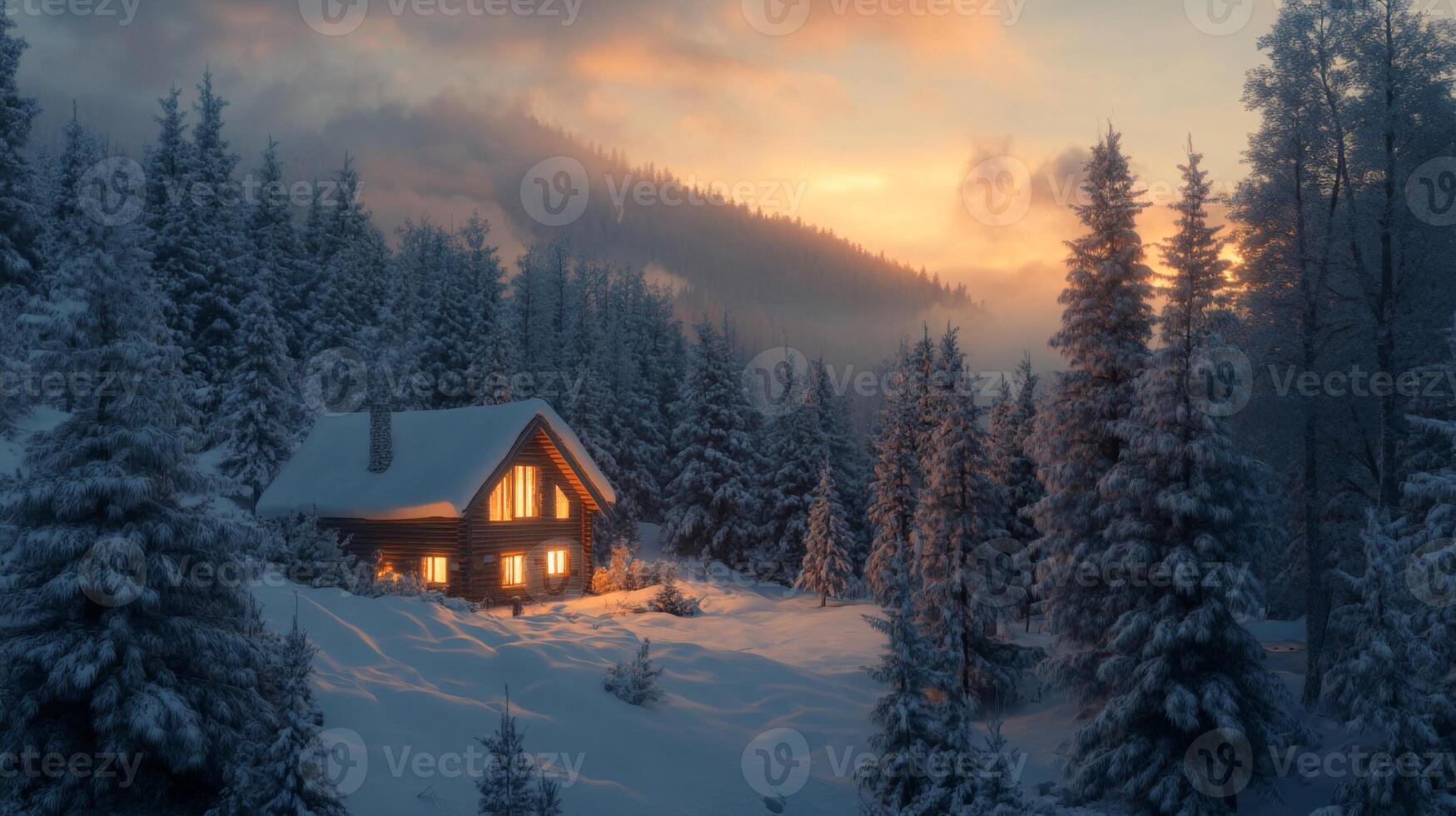 A Cabin Glowing in a Snowy Forest at Sunset photo