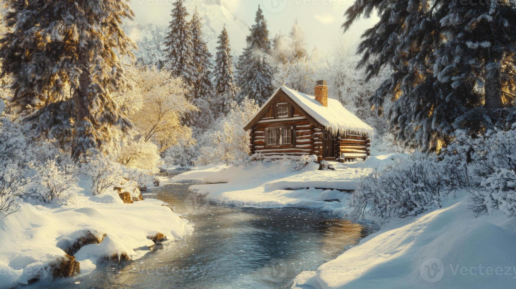 A Snowy Winter Wonderland with a Cabin by a Stream photo