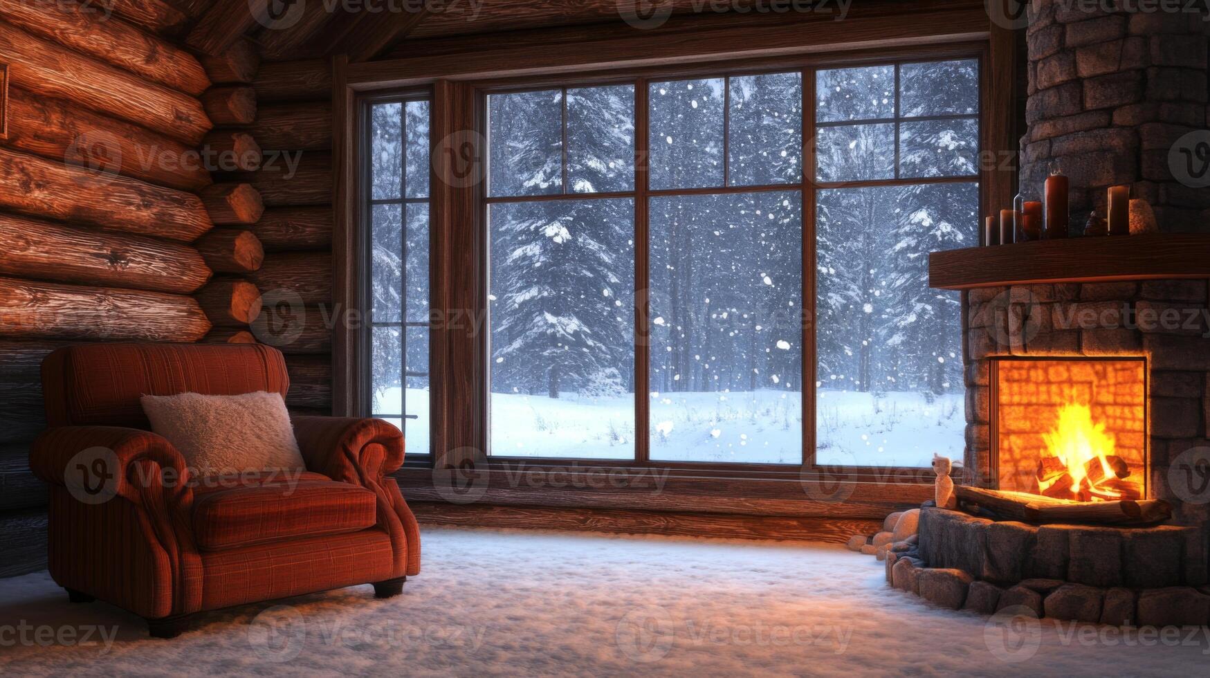 Cozy Log Cabin Interior with a Fire and Snowy View photo