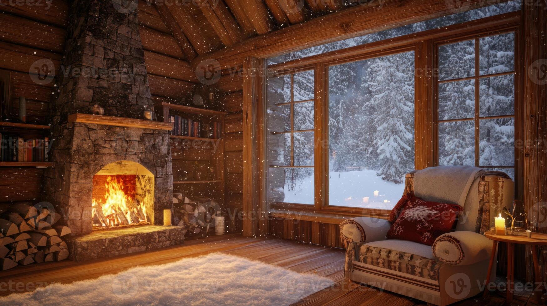 Cozy Cabin Interior with Fireplace and Snowy Window View photo