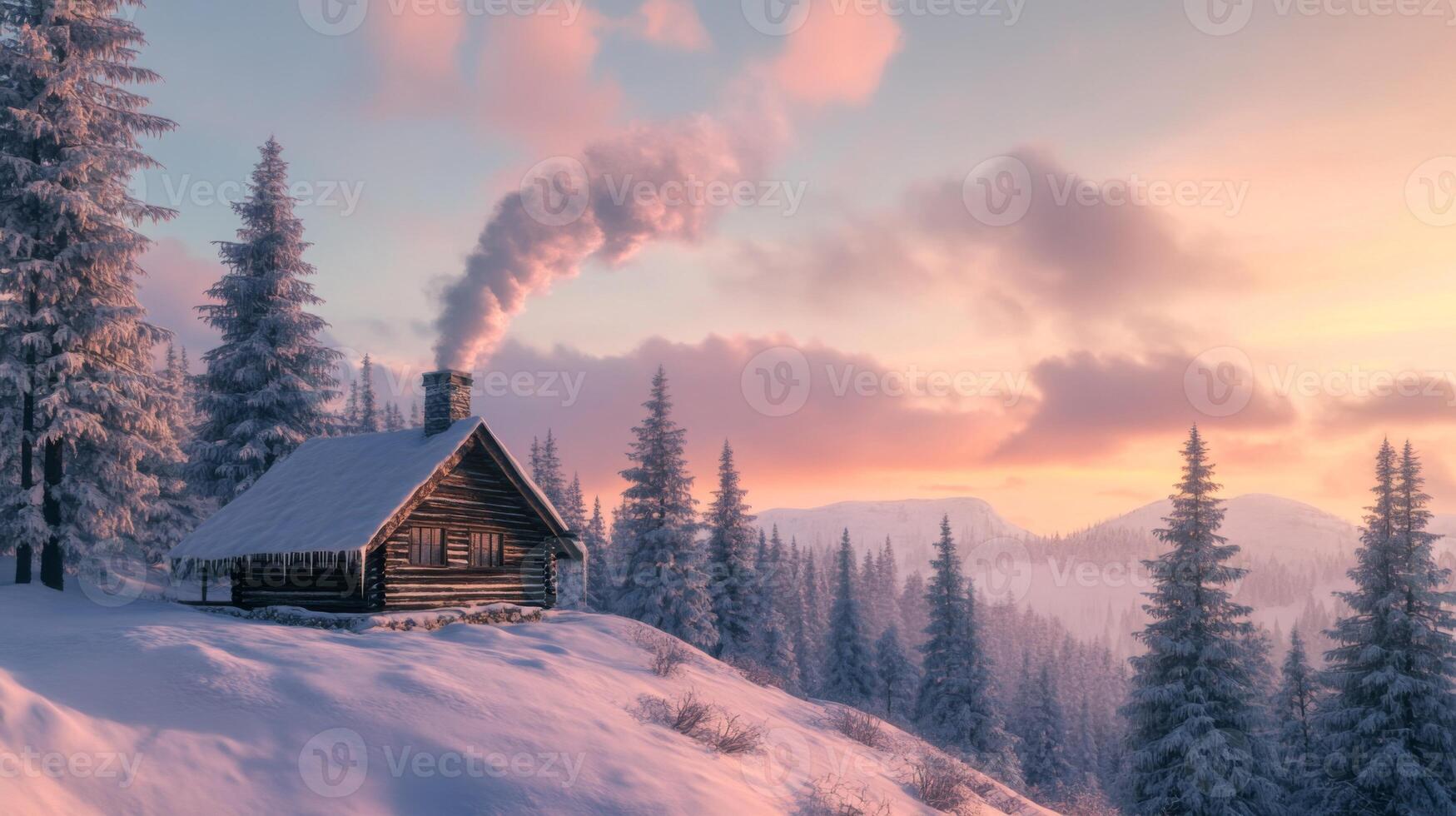 A Cozy Cabin on a Snowy Mountainside with a Pink Sunset Sky photo