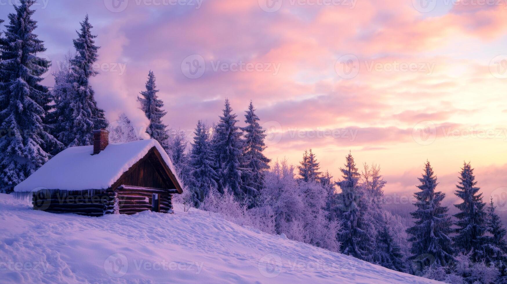 A Cozy Log Cabin Amidst a Snowy Forest at Sunset photo