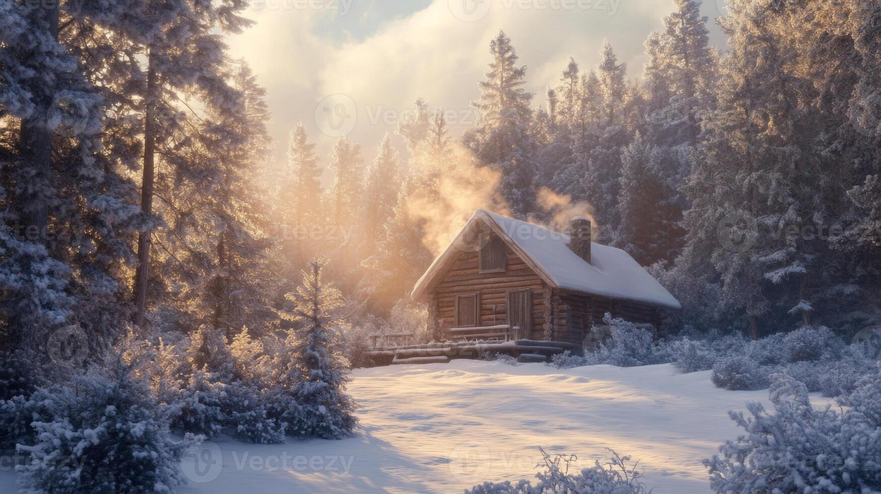 A Cozy Log Cabin in a Snowy Forest at Sunrise photo