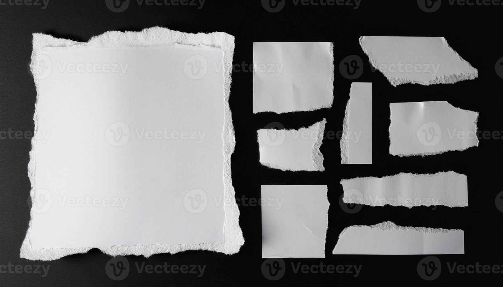Torn and Ripped Paper Pieces with Rough Edges Isolated on Black Background photo
