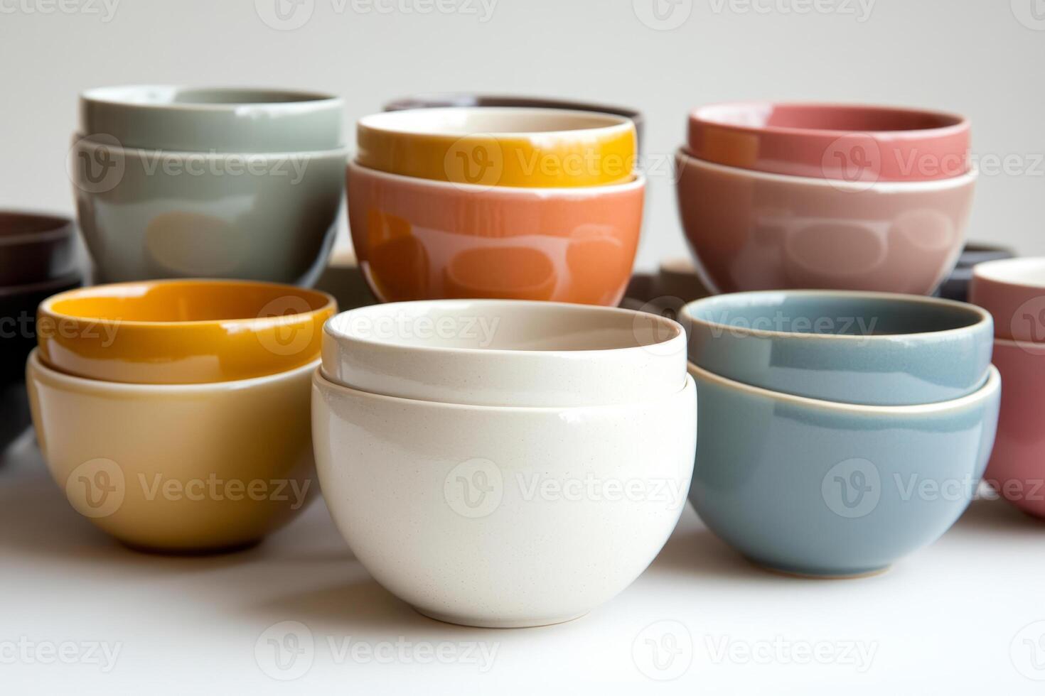 Minimalist ceramic bowls in soft pastel colors and neutral tones photo