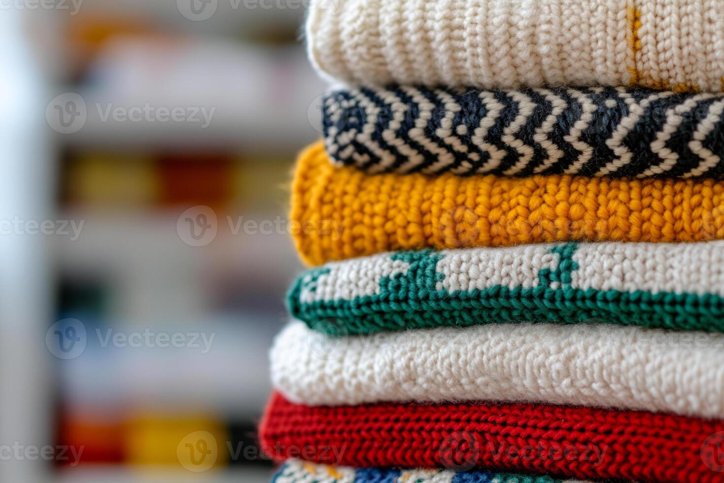 Folded wool sweaters with textured knitting patterns in various colors photo