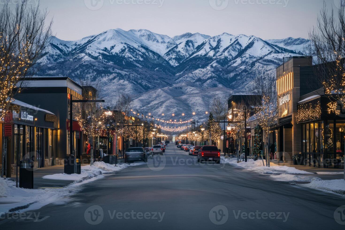 Mountain town street decorated for the holidays with sidewalks, festive lights, and mountains in the background photo
