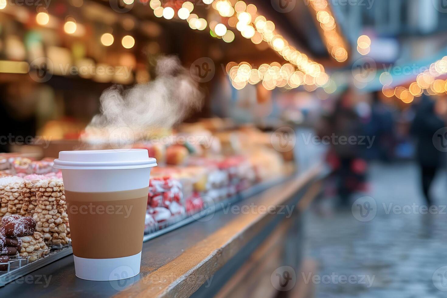 Steaming cappuccino on a counter at a Christmas market with glowing festive lights and holiday photo