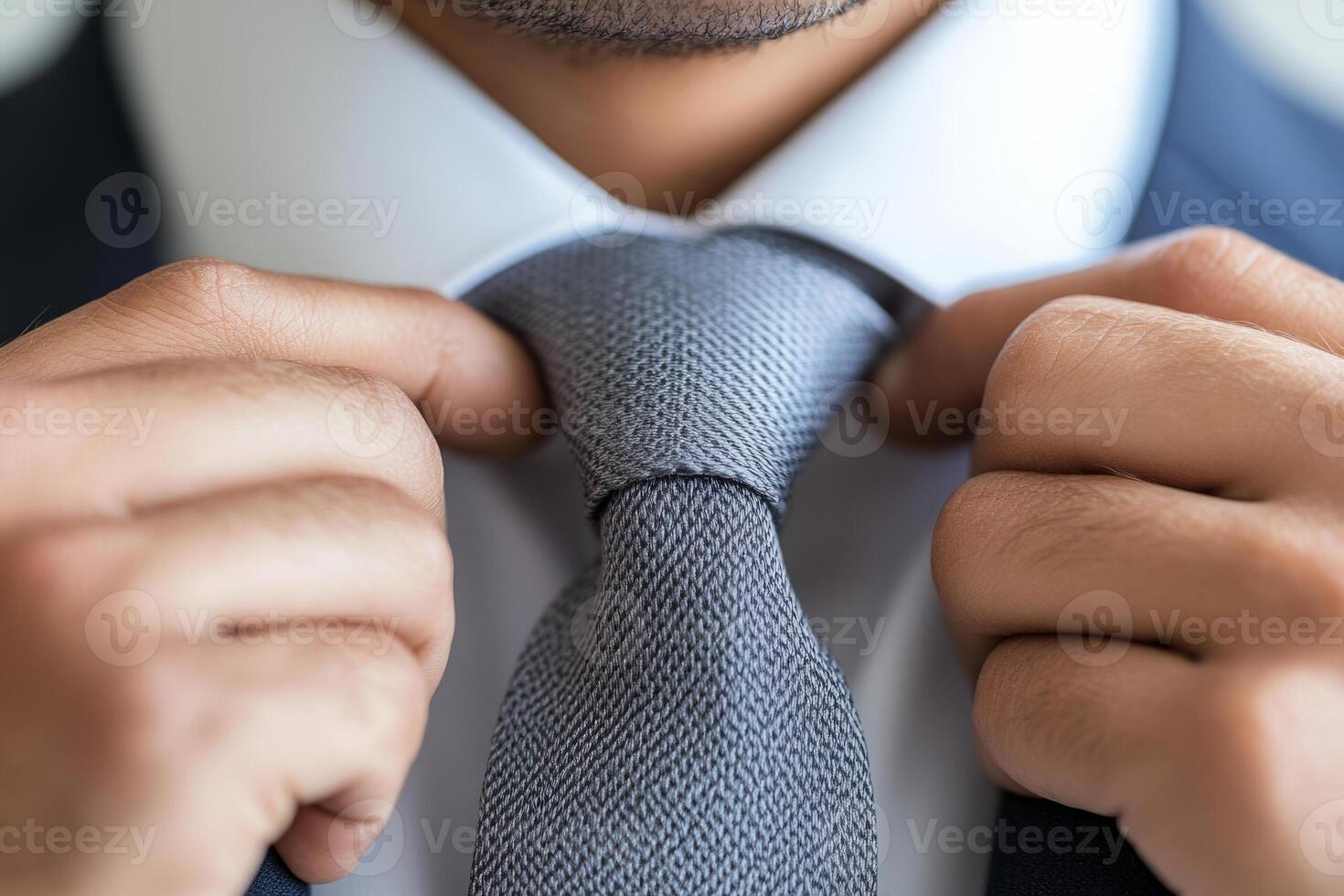 Businessman adjusting his tie while wearing a formal suit photo
