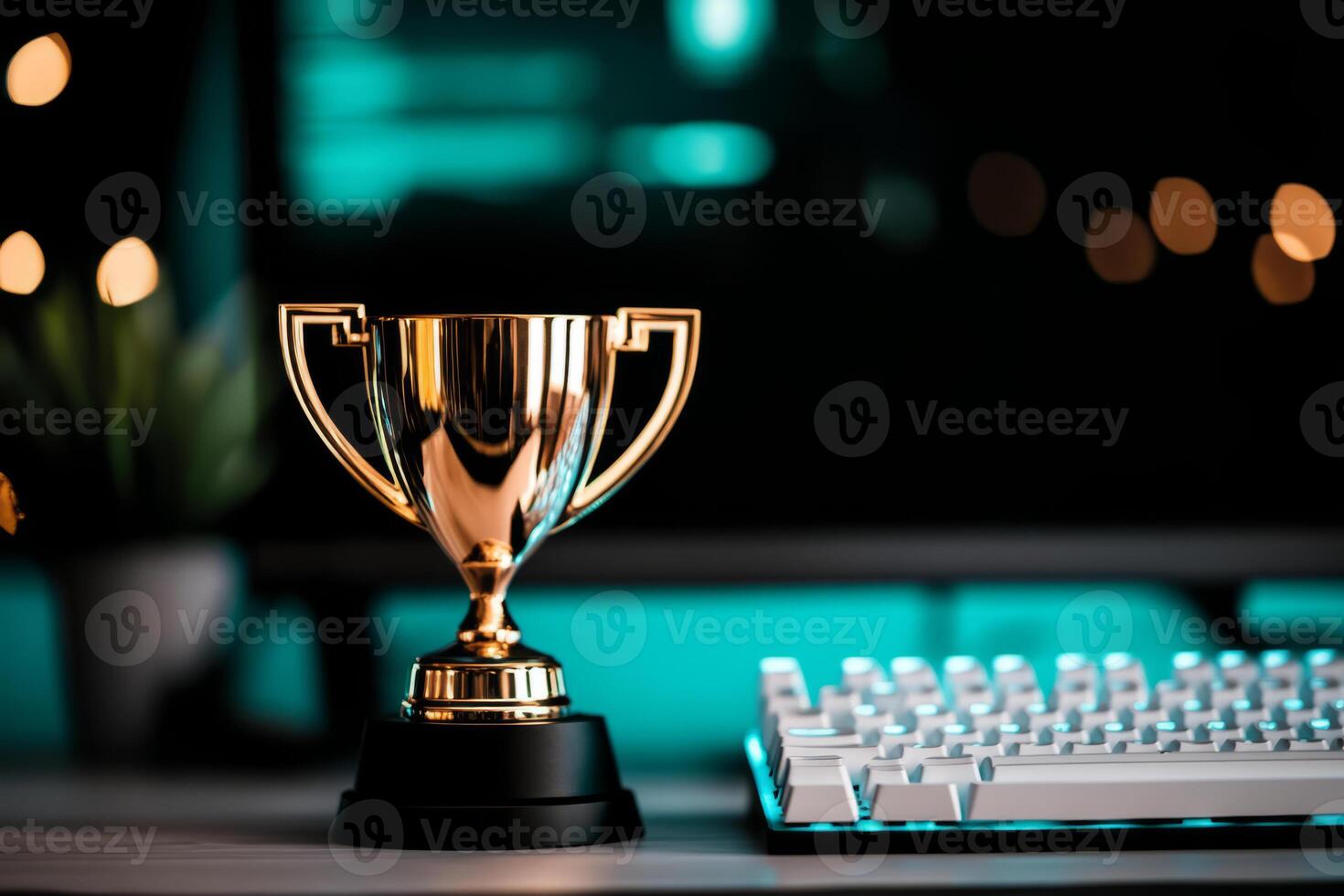 Golden trophy on a desk in a modern tech workspace with computer monitor photo