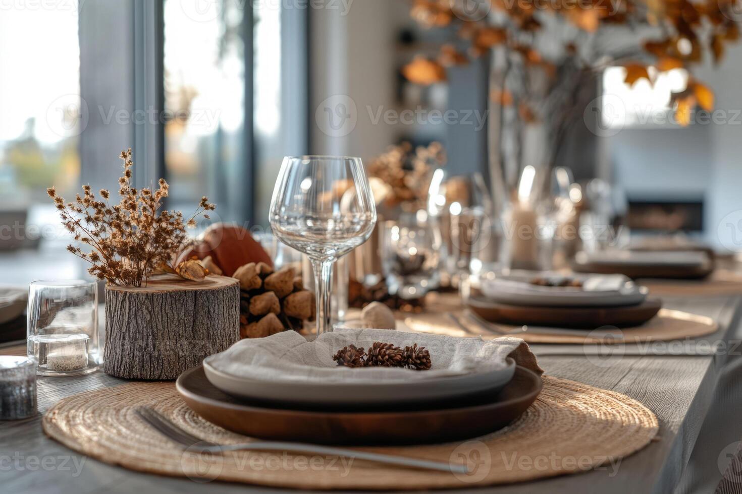 Autumn table setting featuring pumpkins, dried flowers, and neutral toned dinnerware photo
