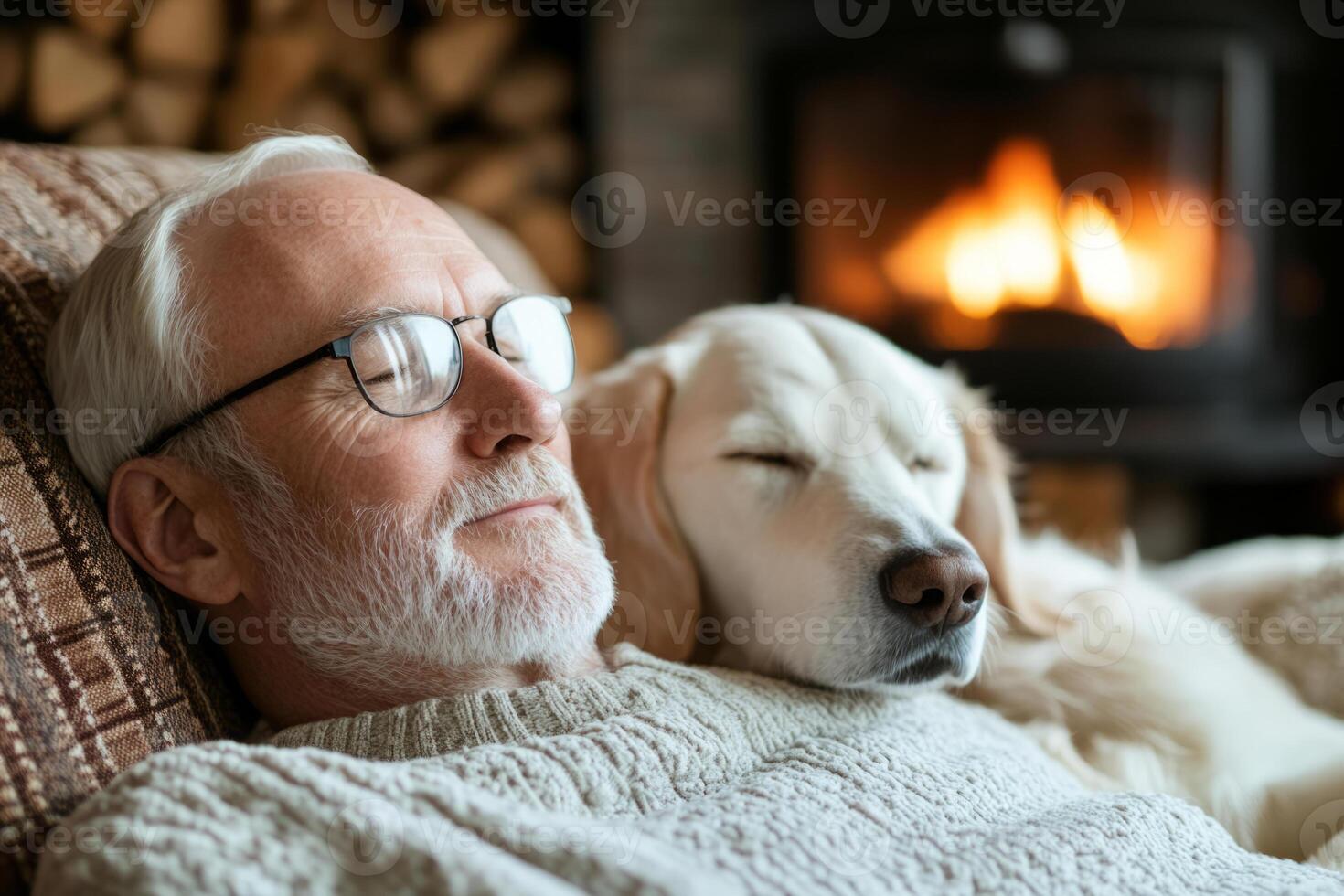 Man relaxing by a cozy fireplace with a sleeping dog photo