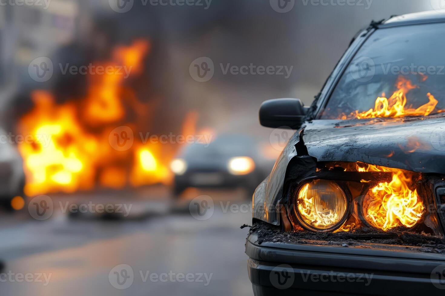 Burning car on the side of a highway with flames photo