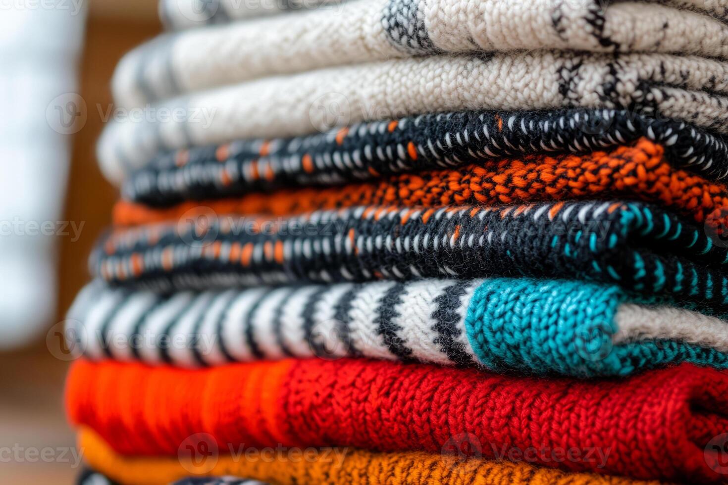 Folded wool sweaters with textured knitting patterns in various colors photo