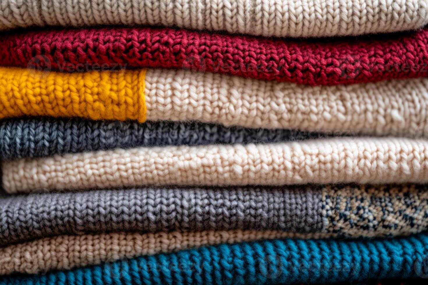 Folded wool sweaters with textured knitting patterns in various colors photo