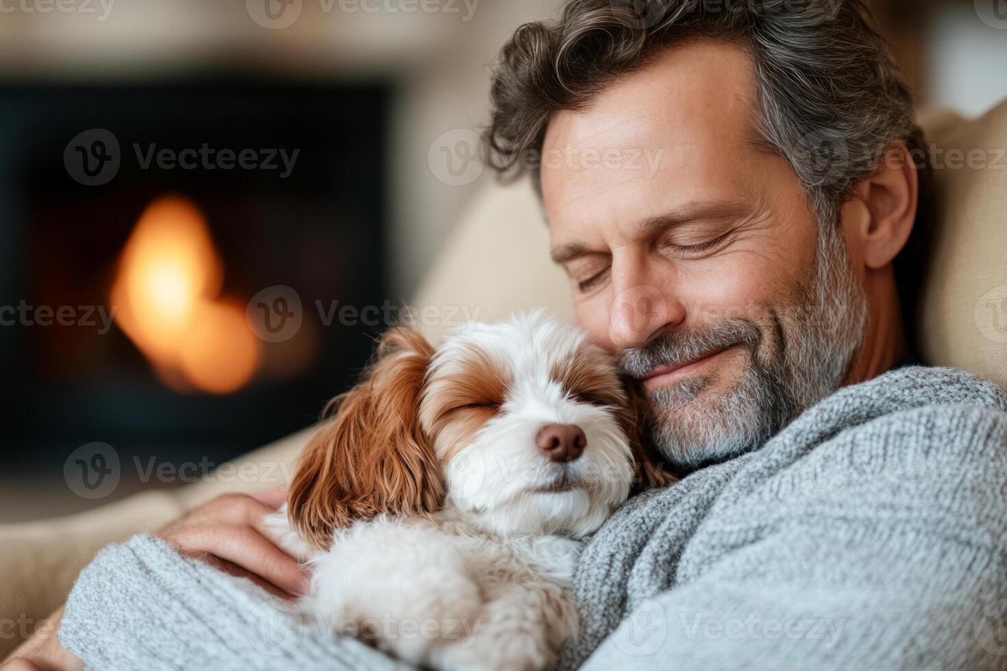 Man relaxing by a cozy fireplace with a sleeping dog photo