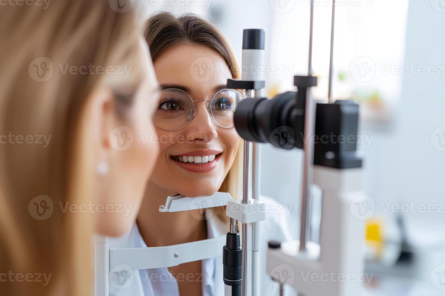 Woman undergoing an eye examination using specialized ophthalmology equipment photo