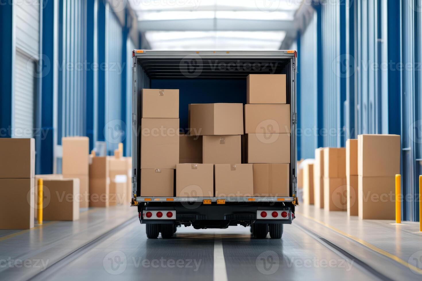 Delivery truck with cardboard boxes loaded inside a warehouse photo