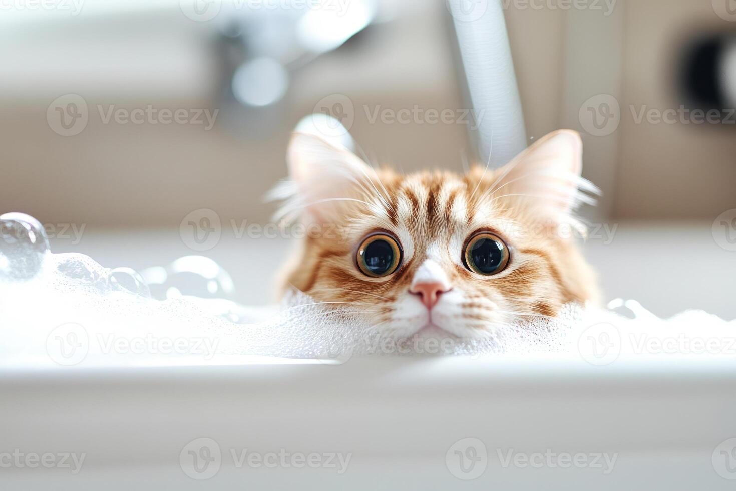 Cat sitting in a foam filled bathtub with soap bubbles photo